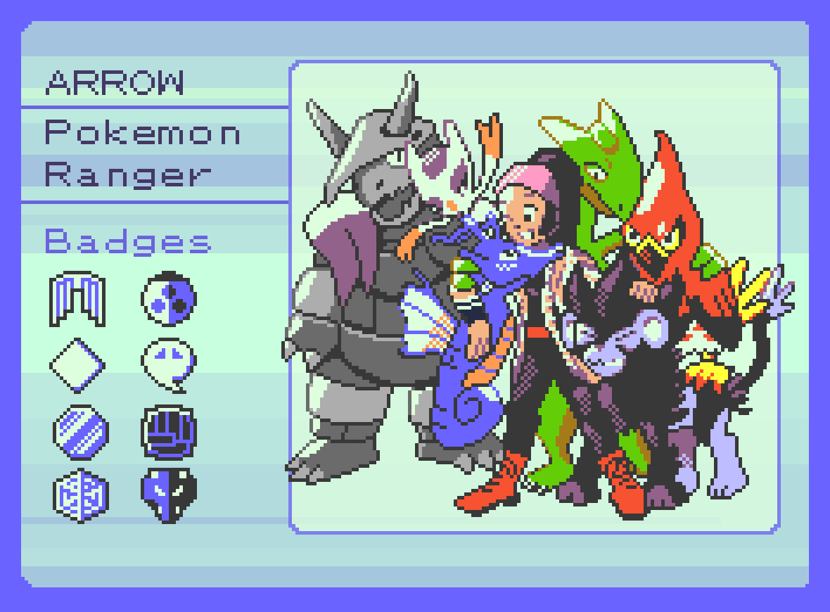 Pixel art of a trainer card for Arrow, a Pokemon Ranger. They are hugging their favorite Pokemon in the image: Kingdra, Sceptile, Talonflame, Aggron, Mienshao, and Luxray.