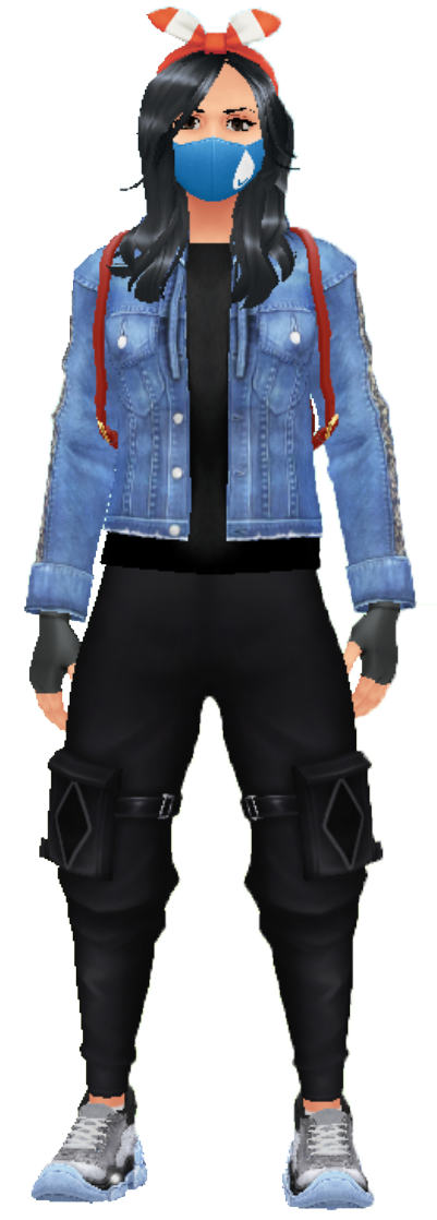 A Pokemon Go trainer with long black hair, a red May bandana, a jean jacket with a black shirt, red straps of a bag, black fingerless gloves, black cargo pants, and blue and white sneakers